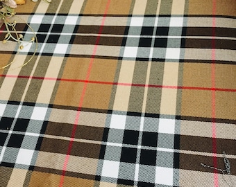 Beige Plaid Pattern, Wide 59in, Polyviscose Tartan Fabric, Jackets, Skirt, Poncho, Napkins, Scarf, Pillow, Home decor, caramel thompson,