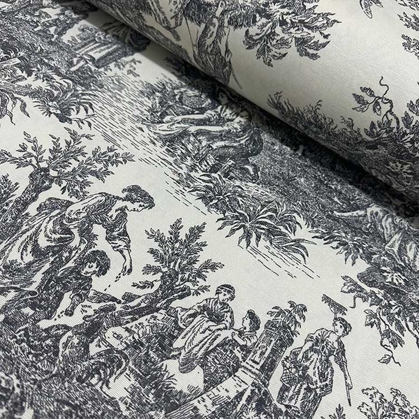 Upholstery canvas fabric, wide 1.96 yards, Water and oil repellent anthracite  French farm house pattern, country style, toile de jouy,