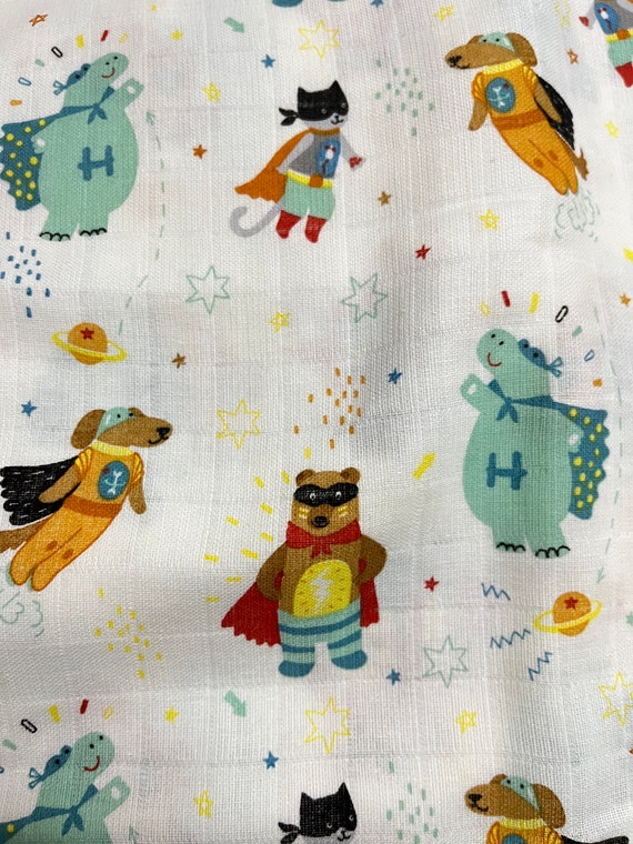 Super hero muslin, width 160cm, baby muslin fabric, animal print muslin, doublegauze Fabric, 100% Cotton, soft towel, eco friendly, reusable