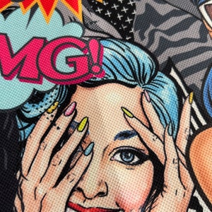May include: A colorful pop art style illustration of a woman with blue hair, covering her eyes with her hands. The woman is smiling and has red lipstick. The background is a mix of black, white, and gray patterns with the words "POW!" and "OMG!" in bright colors.