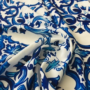 silky crepe fabric, width 1.64 yards, Blue Sicillian Pattern digital print, Majolica Pattern, apparel, blouse, wedding fabric, craft fabric