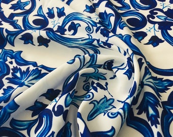 silky crepe fabric, width 1.64 yards, Blue Sicillian Pattern digital print, Majolica Pattern, apparel, blouse, wedding fabric, craft fabric