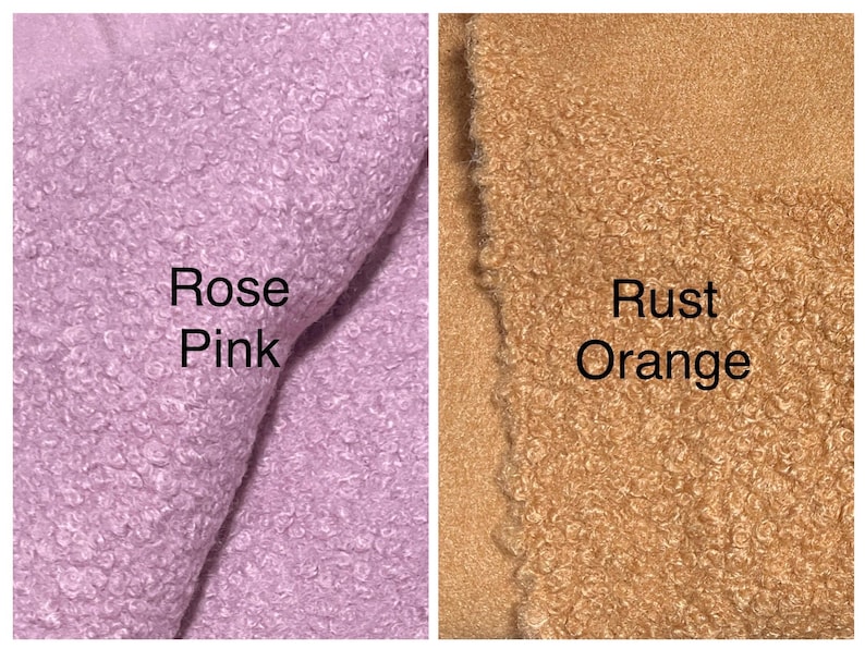 May include: Two fabric swatches, one in rose pink and the other in rust orange. The rose pink swatch is on the left, with the text "Rose Pink" in black. The rust orange swatch is on the right, with the text "Rust Orange".