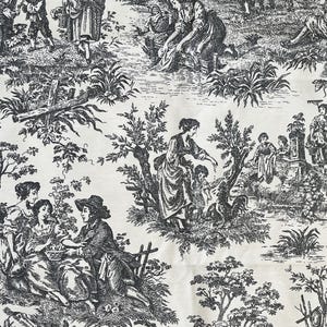 Toile d'ameublement, large de 1,96 mètre, motif de ferme française anthracite hydrofuge et oléofuge, style campagnard, toile de jouy,