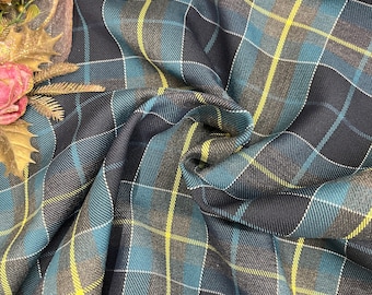 Blue Plaid Pattern, Wide 59in, Polyviscose Tartan Fabric, Yellow Striped, Jackets, Skirt, Poncho, Napkins, Scarf, Pillow, Home decor,