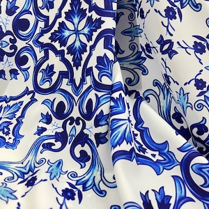 Blue Sicillian Pattern Fabric, wide 1.64 yards, silky crepe fabric, Majolica Pattern, apparel, blouse, dress, wedding fabric, craft fabric