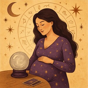 Puede incluir: Ilustración de una mujer con un vestido morado con estrellas doradas, tocando su vientre embarazado. Una bola de cristal, cartas del tarot y una rueda del zodiaco están sobre una mesa de madera. Una luna creciente y estrellas están en el fondo.