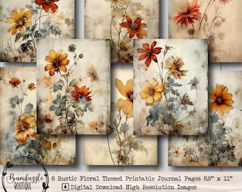 May include: Eight printable journal pages featuring watercolor illustrations of rustic floral bouquets in shades of yellow, orange, and red. The pages are designed for use in journals, scrapbooks, or other paper crafts.  The text on the image reads "8 Rustic Floral Themed Printable Journal Pages 8.5" x 11" ☑ Digital Download High Resolution Images"
