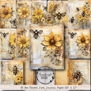 Honigbiene Rustikale Junk Journal Seiten - Druckbares Digitales Scrapbook Papier - Journaling Bastelbedarf - Waben Gelbe Blumen