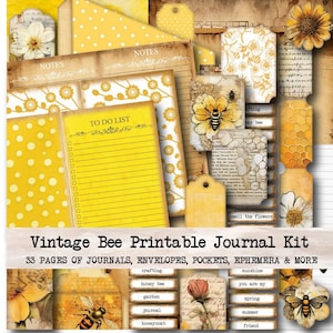 Kit de diário rústico Honey Bee Junk - imprimível digital Ephemera, cartões, envelopes, papel, etiquetas, ingressos - Honeycomb Yellow Flowers para impressão