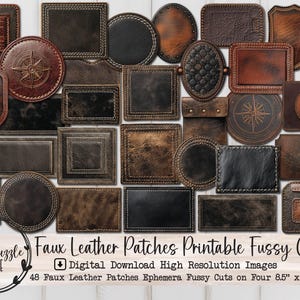 Faux Leather Patches Fussy Cut Ephemera Pages - 48 High Quality Printable Digital Download - Junk Journal Pockets, Tags, Labels, Vintage