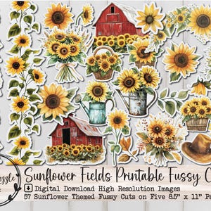Páginas de itens efêmeros com cortes finos de girassol rústico - 57 downloads digitais para impressão de alta qualidade - Junk Journal Supplies, adesivos Cricut, florais