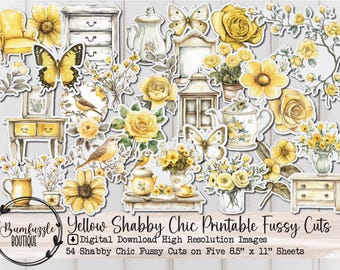 May include: A digital download of 54 yellow shabby chic printable fussy cuts. The images include flowers, teapots, butterflies, birds, and other decorative elements. The images are designed to be cut out and used for crafting projects.