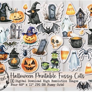 Halloween Fussy Cut Ephemera Seiten - 58 hochwertige druckbare digitale Downloads - Junk Journal Kürbisse, Hexen, Skelette, Fledermäuse Sammelalbum