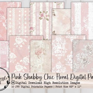 Roze shabby chic bloemenpapier, 10 naadloze digitale download afdrukbare pagina's - ongewenste tijdschriftpapier, bloemenrozen vintage plakboekbenodigdheden