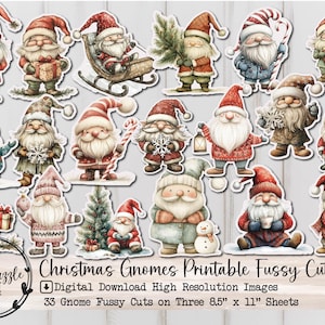 Christmas Gnomes Fussy Cut Ephemera Pages - 33 High Quality Printable Digital Download - Junk Journal Supplies, Gnome Ephemera, Scrapbooking