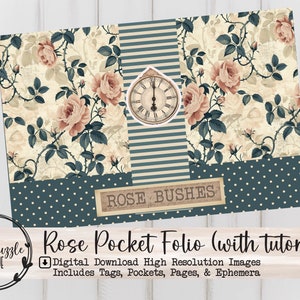 Vintage Blaue Rose Pocket Folio - Druckbares Digital Junk Journal Kit, Junk Journal Zubehör, Scrapbooking Vintage Ephemera Flower Tags Pocket