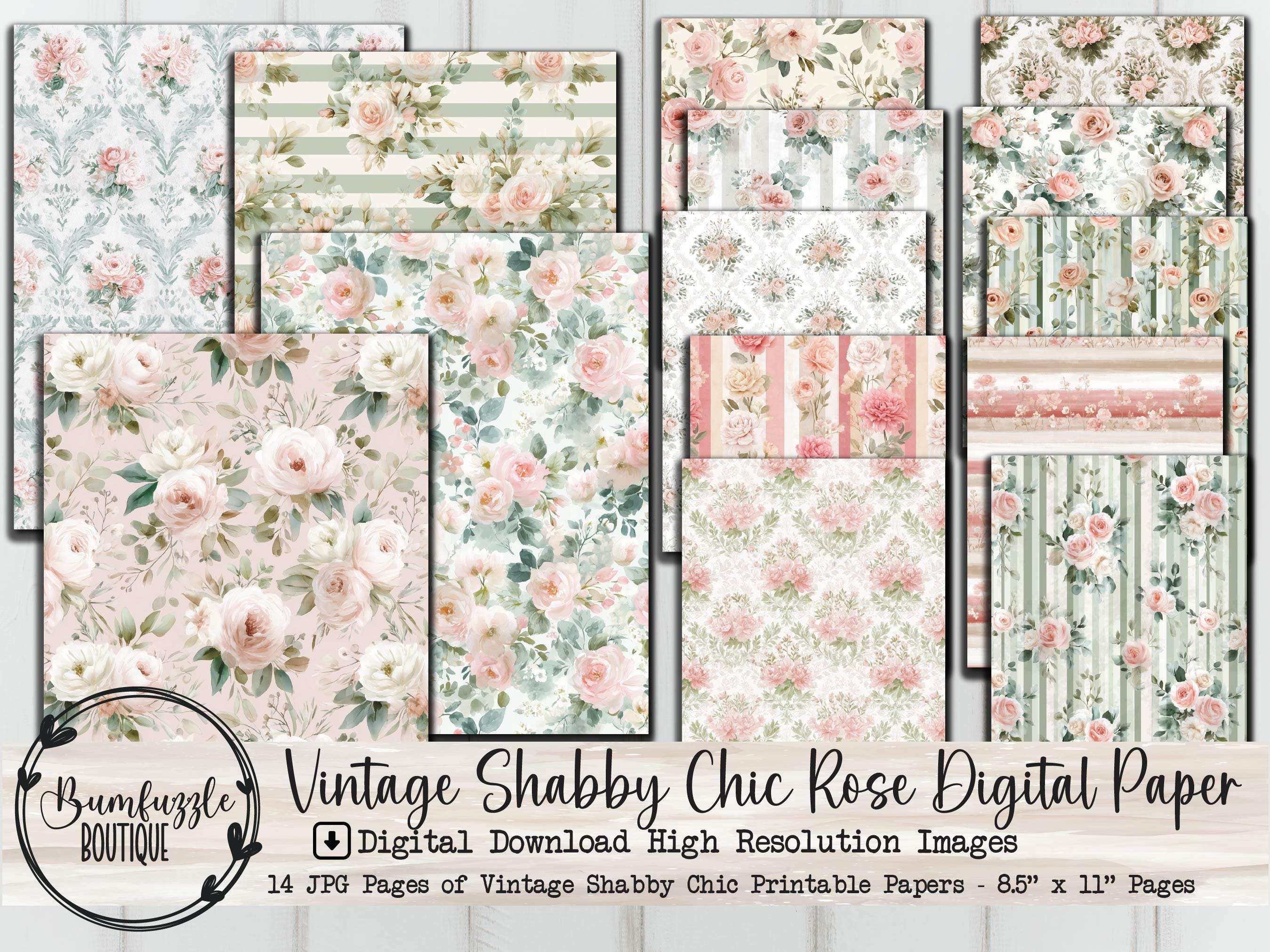 Vintage Shabby Chic Floral Digital Paper, Roses Junk Journal Scrapbook ...