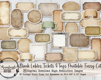 Vintage Blank Labels, Tickets, Tags Fussy Cuts – Printable Junk Journal Ephemera (Digital Download)
