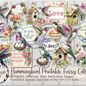 Páginas de efímeras de colibríes con recortes quisquillosos - 27 páginas imprimibles digitales de alta calidad - Suministros para scrapbooking de pájaros, vintage, bonitos