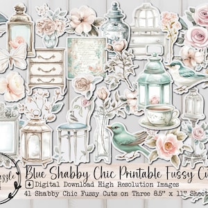 Páginas de efímeras recortadas con estilo shabby chic en color azul: 41 páginas digitales imprimibles de alta calidad para descargar: suministros para revistas basura, álbumes de recortes, rosas vintage