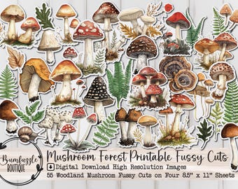 Mushroom Forest Fussy Cut Ephemera Pages - 55 pagine digitali stampabili di alta qualità da scaricare - Junk Journal Supplies, graziosi ephemera del bosco Fussy
