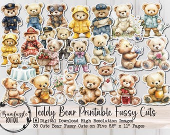 May include: A set of 38 printable teddy bear fussy cuts in various poses and outfits. The bears are wearing clothes like overalls, a raincoat, a dress, and a nurse's uniform. The digital download includes high-resolution images on five 8.5 x 11 inch pages.