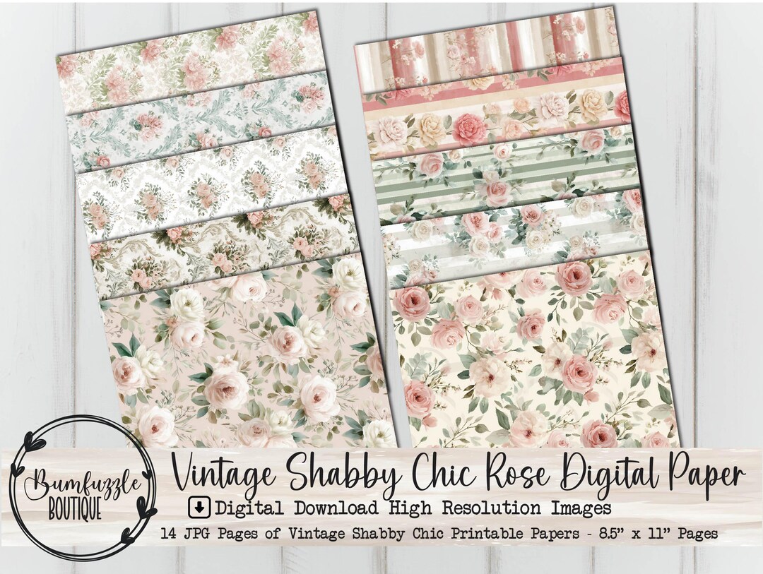 Vintage Shabby Chic Floral Digital Paper, Roses Junk Journal Scrapbook ...