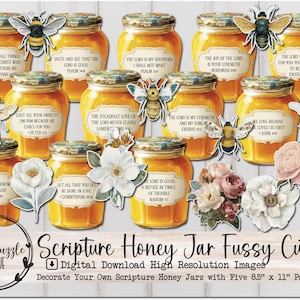 Scripture Verse Honey Jar Fussy Cuts - Printable Digital Download - Junk Journal Supplies, Ephemera, Decorate Your Own Bible Jar, Bees, Tags