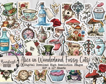Stravagante Alice nel Paese delle Meraviglie Fussy Cut Ephemera Pages - Download digitale stampabile - Junk Journal Tazze da tè, Teiere, Chiavi, Fiori, Fantasia