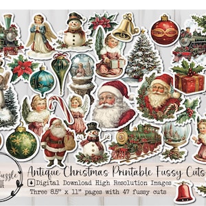 Antieke kerst kieskeurig gesneden kortstondige pagina's - 47 afdrukbare digitale download van hoge kwaliteit - Junk Journal Maretak, kerstman, engelen, sneeuwpoppen