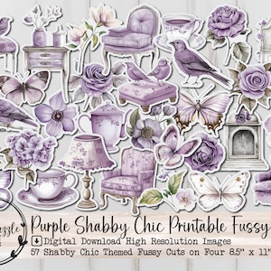 Paarse Shabby Chic Kieskeurig Gesneden Ephemera-pagina's - 57 hoogwaardige afdrukbare digitale download - Junk Journal Supplies, scrapbooking, vintage Rose