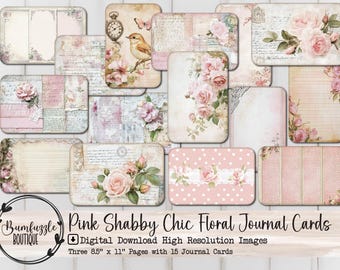 Pink Shabby Chic Journal Cards Ephemera Page - 15 High Quality Print Digital Download - Junk Journal Supplies, Rose Tag Scrapbook Vintage