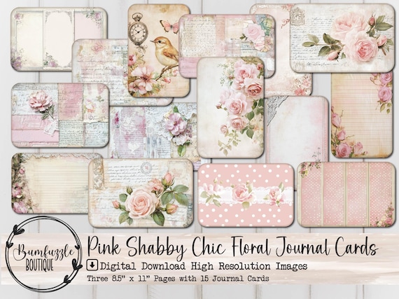 Pink Shabby Chic Journal Cards - Vintage Ephemera, Rose Scrapbook (Digital Download)