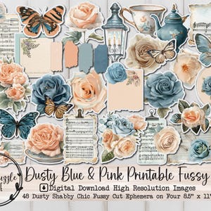 Dusty Pink and Blue Shabby Chic Fussy Cut Ephemera Pages - 48 High Quality Printable Digital Download - Vintage Junk Journal, Rose Butterfly