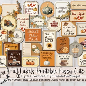 Peut inclure: Une collection d'étiquettes d'automne de style vintage avec des citrouilles, des feuilles et du texte sur le thème de l'automne. Les étiquettes comportent des phrases telles que "Happy Fall Y'all", "Thankful" et "Give Thanks". L'image comprend le texte "Fall Labels Printable Fussy Cuts."