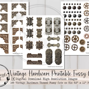 Vintage Faux Hardware Fussy Cut Ephemera Pages - High Quality Printable Digital Download - Junk Journal - Scrapbooking Vintage Images, digital hardware stickers, junk journal cutouts, Embellishments, Keys, Locks, Hinges, Screws, Gears, Edge Decals