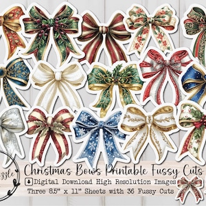 Christmas Bows Fussy Cut Ephemera Pages - 36 High Quality Printable Digital Download - Junk Journal Supplies, Vintage, Fussy Cuts, Gift Tag
