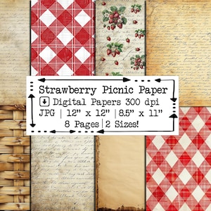 Papel Digital Piquenique de Morango | Jornal Lixo | Conjunto de papel para impressão | Páginas de álbum de recortes | Desenhos vintage | Artesanato em papel | Criação de cartões