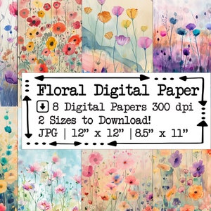 Watercolor Flowers Digital Paper | Junk Journal | Printable Paper Set | Scrapbooking Pages | Flower Backgrounds | Paper Crafts | Card Making