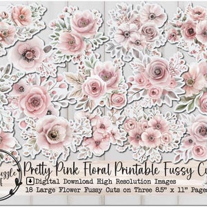 Pagine di effimere con fiori grandi rosa e fussy cut - 18 download digitali stampabili di alta qualità - Forniture per diari spazzatura, scrapbooking, shabby chic