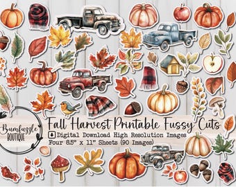 May include: A digital download of 90 printable fall harvest images, including pumpkins, leaves, trucks, and plaid patterns. The images are perfect for crafting, scrapbooking, and other creative projects.  Four 8.5 x 11 inch sheets.