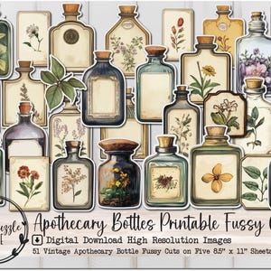 Frascos de boticário vintage com páginas de itens efêmeros recortados - 51 downloads digitais para impressão de alta qualidade - Junk Journal, rótulos, enfeites