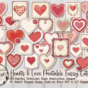 Étiquettes vintage coeur amour petites pages éphémères coupées - 50 téléchargement numérique imprimable de haute qualité - découpes de journal indésirable, autocollants de la Saint-Valentin