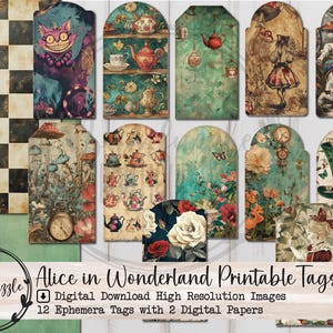 Pages éphémères d'Alice au pays des merveilles fantaisistes - Imprimable en téléchargement numérique - Junk Journal Tasses, théières fantaisie, Tag, papier numérique