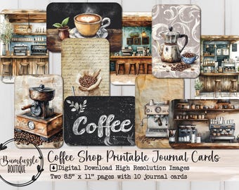Coffee Shop Journal Cards Ephemera Page - 10 High Quality Printable Digital Download - Junk Journal Supplies, Cafe Tags Scrapbook Vintage