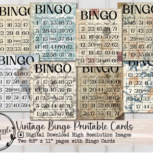 Cartes de bingo vintage Pages éphémères - 8 téléchargements numériques imprimables de haute qualité - Fournitures pour kit de journal indésirable, intercalaires en papier pour le scrapbooking