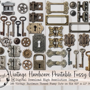 May include: A collection of vintage hardware elements, including keys, locks, hinges, and decorative plates in various metallic finishes. The image features a variety of shapes and sizes, with intricate details and aged textures. The text in the image says "Vintage Hardware Printable Fussy Cuts".