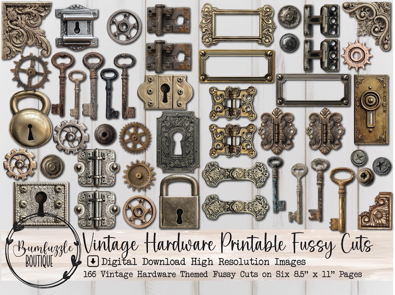 Vintage Faux Hardware Fussy Cut Ephemera Pages - High Quality Printable Digital Download - Junk Journal - Scrapbooking Vintage Images, digital hardware stickers, junk journal cutouts, Embellishments, Keys, Locks, Hinges, Screws, Gears, Edge Decals