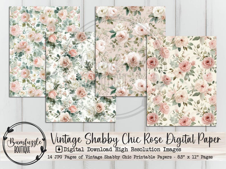 Vintage Shabby Chic Floral Digital Paper, Roses Junk Journal Scrapbook ...